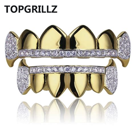 TOPGRILLZ Gold Hip Hop Teeth Grillz Micro Pave Cubic Zircon Top Bottom