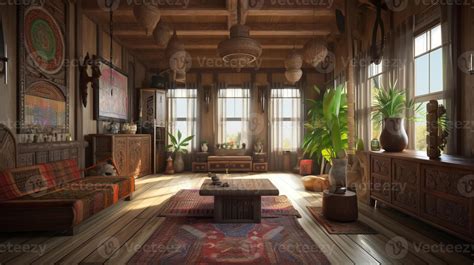 Design Of A Cozy Living Room Interior In A Modern Ethnic Style Ai