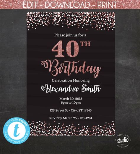 40th Birthday Invitation Easy To Use Template Black And Etsy