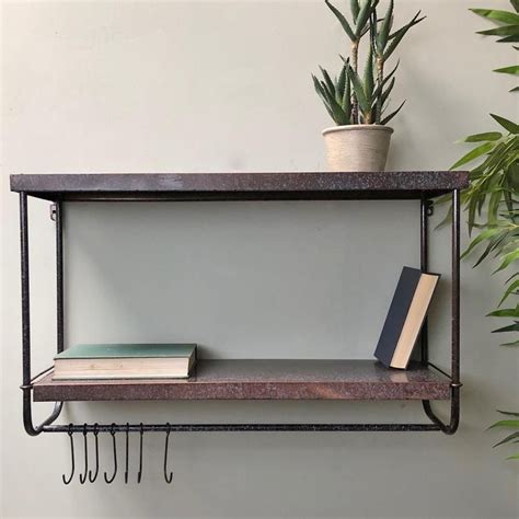 Antiqued Copper Metal Wall Shelf With Hooks From The Farthing Wall