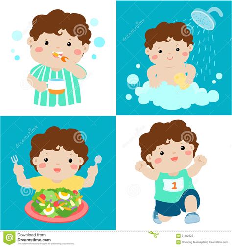 Daily Healthy Routine For Boy Cartoon Stock Vector Illustration Of
