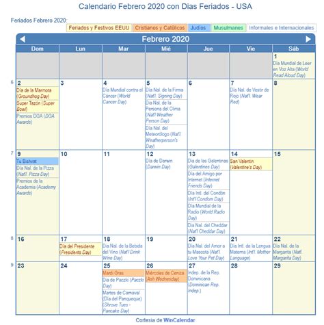 Las niñas y niños tendrán vacaciones en dos períodos. Calendario Febrero 2020 para imprimir - Estados Unidos