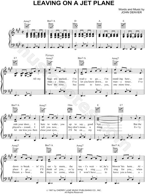 G c g cause i'm leavin on a jet plane. Peter Paul and Mary "Leaving on a Jet Plane" Sheet Music ...