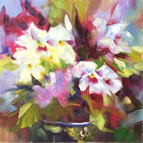 Daily Paintworks Purple And White Pansies Original Fine Art For