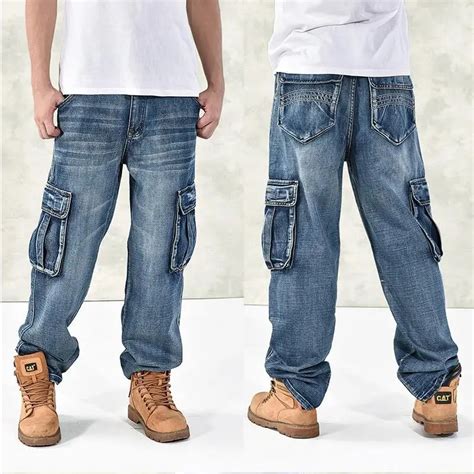 2018 Fashion Mens Baggy Hip Hop Jeans Plus Size 30 46 Multi Pockets
