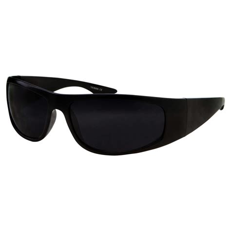 Super Dark Lens Black Sunglasses Biker Style Rider Wrap Around Frame Shiny Ebay