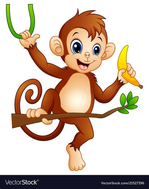 Cartoon Monkey On A Branch Tree And Holding Banana