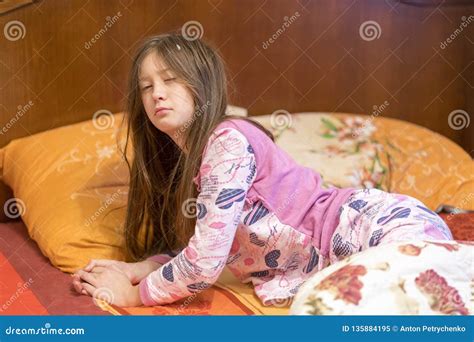 Child Sleepy Yawning In Bed Sleepy Little Girl On The Bed Stock