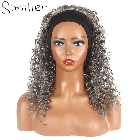 Similler Synthetic Afro Curly Grey Headband Wigs For Women Medium Attached Scarf Wig Inch