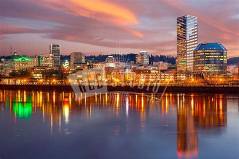 Dusk Skyline Of Portland Oregon Red Studio