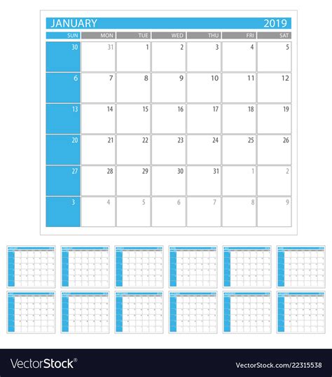 Calendar Planner 2019 Year Simple Minimal Design Vector Image