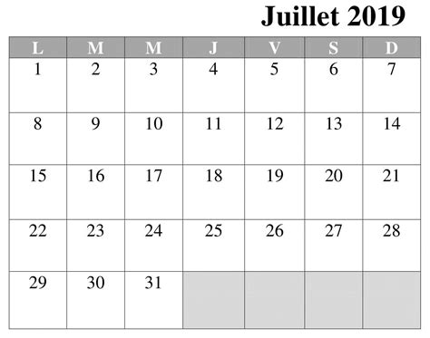 Calendrier Juillet Editable 2019 À Imprimer Calendar Template 2019
