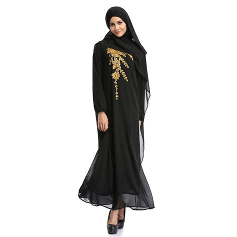 Women Chiffon Embroidery Flowers Turkish Islam Musulmane Abaya Maxi