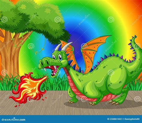 Dragon Spitting Fire Cartoon Character On Rainbow Gradient Background