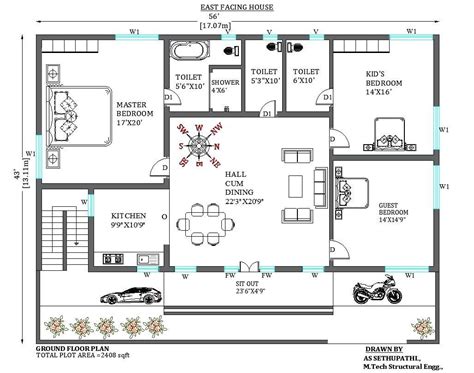 56 X43 East Facing 3bhk House Plan Cad Drawing File Free Download Free