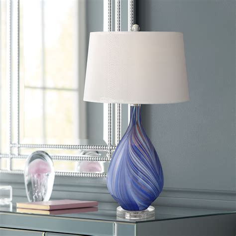 Possini Euro Design Modern Table Lamp Teardrop Blue Swirl Art Glass Tapered Drum Shade For