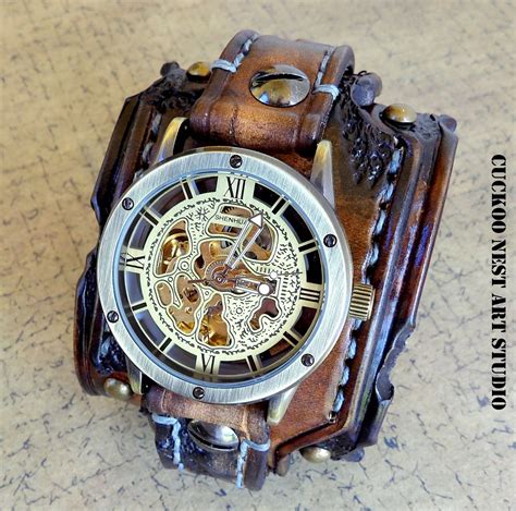 Burnt Looking Leather Watch Leather Watch Cuff Mens Watches Leather
