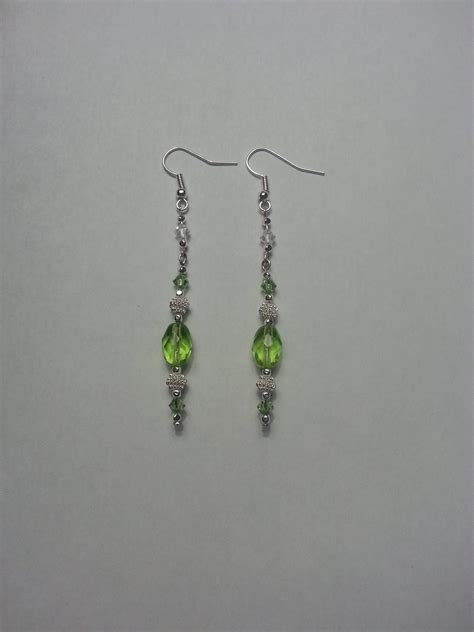 Green Glass Bead Earrings With Swaroski Crystals And Silver Accents By