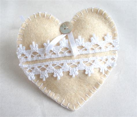 Heart Ornament Felt Set Of 3 Button Flowers Lace White Etsy