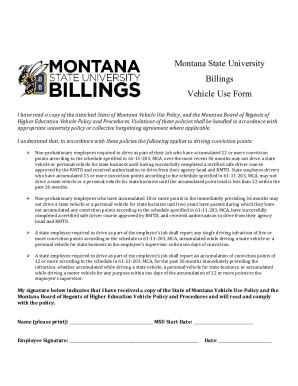 Fillable Online Montana State University Billings Vehicle Use Form Fax