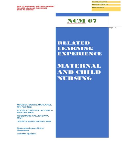 Ncm 107 Maternal And Child Nursing Related Learning Experience Bsn 2 Ay