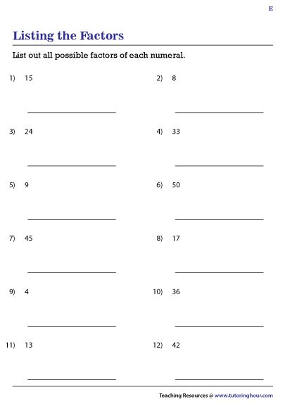 Listing Factors Of Whole Numbers Worksheets