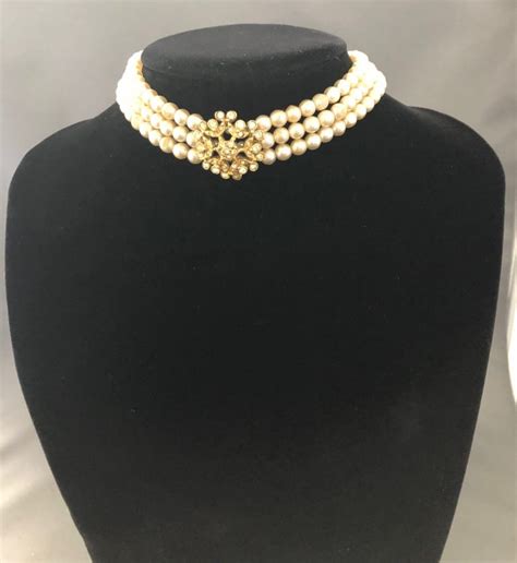 Vintage Pearls Necklace Triple Strand Flower And Rhinestones