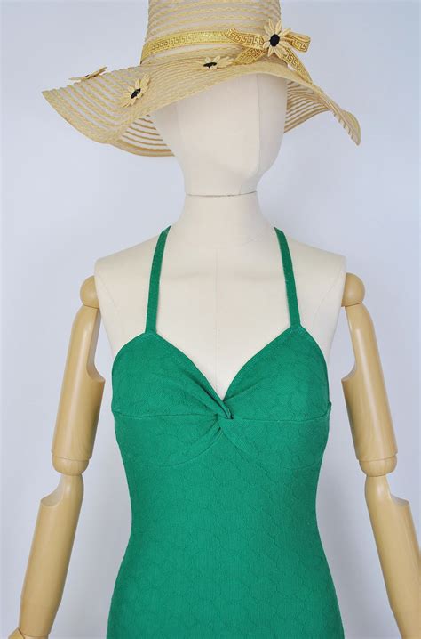 Vintage 50s Catalina Swimsuit 1950s Jade Green Knit Halter Etsy