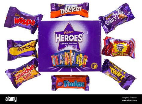 box of cadbury heroes chocolates with contents removed isolated on white background share good