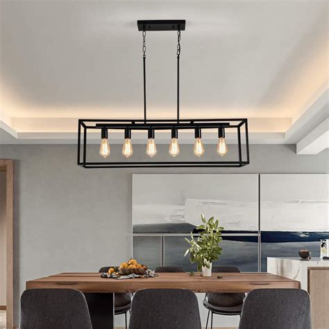 Garwarm 6 Light Rectangle Chandelier Black Metal Linear Modern Pendant