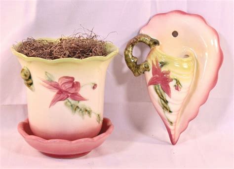 Vintage Hull Pottery Woodland Rose Wall Pocket Conch Shell Matching
