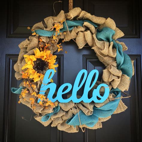 Hello Fall Burlap Wreath Teal Burlap And Yellow Sunflower Burlap