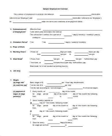 sample employment contract forms   ms word