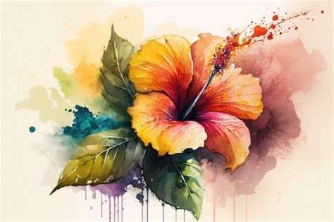 Premium Ai Image Vibrant Hibiscus Flower In Watercolor Painting