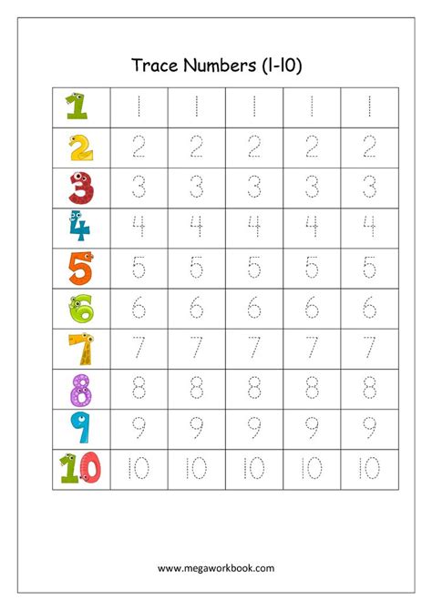 Math Worksheet Number Tracing 1 To 10 Numbers Kindergarten Writing
