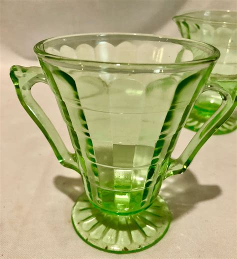 Green Depression Glass Sugar And Creamer Set With Ribbed Pattern