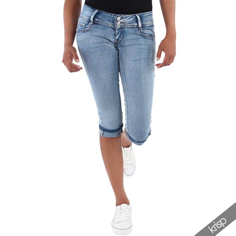 Womens Stretch Slim Fit Cropped Jeans Capri Knee Long Shorts Summer Hot