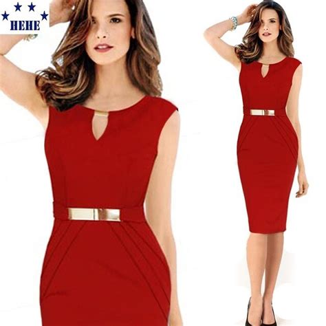 2015 Professional Women Office Dress Golden Belt Sheath Work Wear Dress 2 Color Red And Black