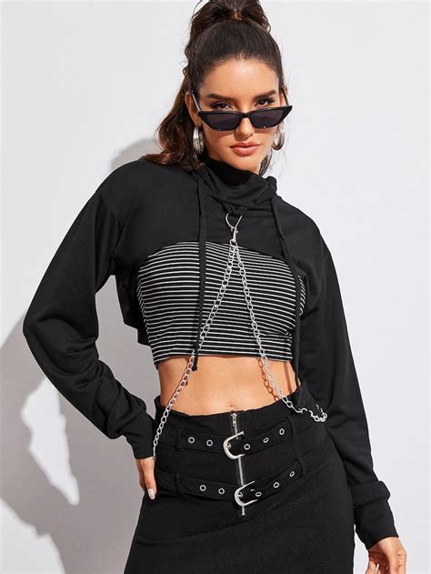 Solid Chain Detail Super Crop Hooded Sweatshirt Romwe Shein Pull Fashion Mode Fashion
