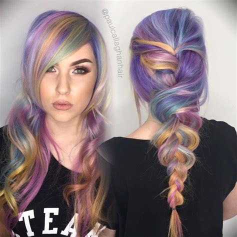 Rainbow Hair Color And Beautiful Messy Braid By Paul Callaghan Pastel