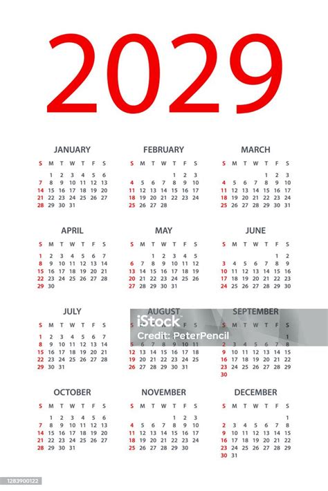Calendar 2029 Symple Layout Illustration Week Starts On Sunday Calendar