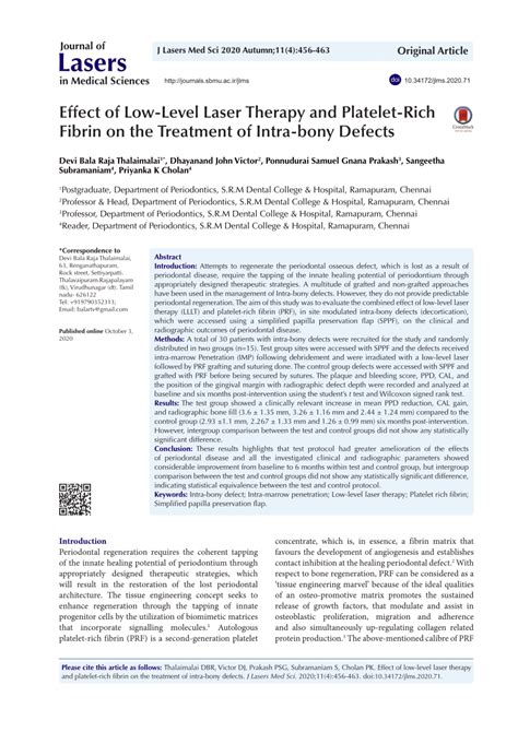 Pdf Effect Of Low Level Laser Therapy And Platelet Rich Fibrin On The