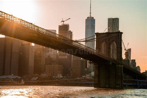 Magical Evening Sunset Close Up View Of The Brooklyn Bridge From The