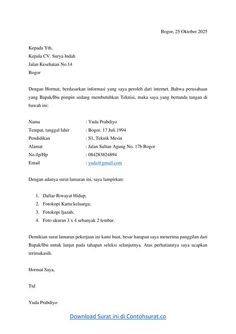 Download Contoh Surat Lamaran Kerja Simple Via Email