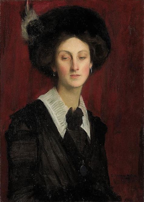 A Painting Of A Woman Wearing A Black Dress And Hat With Her Eyes