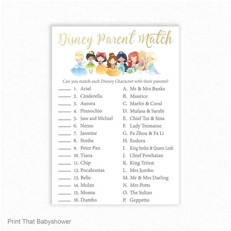 Printable Baby Shower Games Printable Disney Parent Match Etsy In