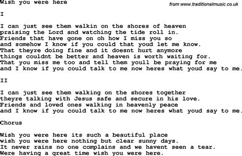 Country Southern And Bluegrass Gospel Song Wish You Were Here Lyrics