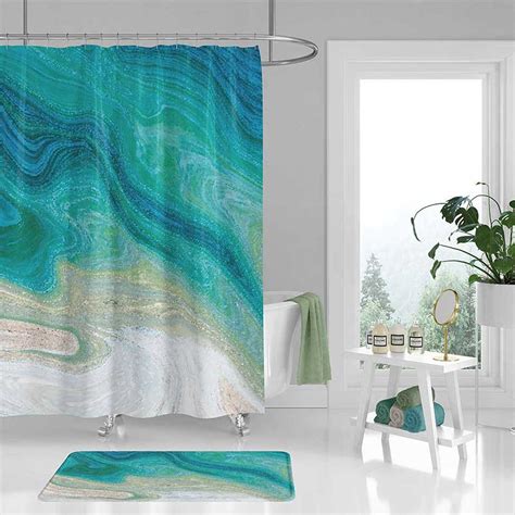 Coastal Shower Curtain And Bath Mat Seafoam Green Blue Bathroom Decor