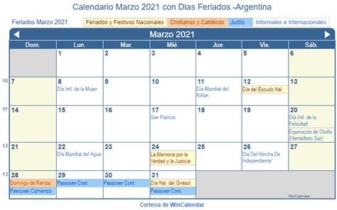 Calendario Marzo 2021 Para Imprimir Argentina