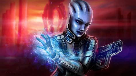 Bilde Liara Mass Effect Pistol Aliens Krigere Ung Kvinne 1920x1080